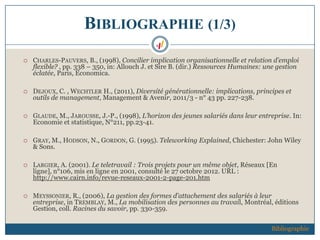 BIBLIOGRAPHIE (1/3)
 CHARLES-PAUVERS, B., (1998), Concilier implication organisationnelle et relation d’emploi
flexible? , pp. 338 – 350, in: Allouch J. et Sire B. (dir.) Ressources Humaines: une gestion
éclatée, Paris, Economica.
 DEJOUX, C. , WECHTLER H., (2011), Diversité générationnelle: implications, principes et
outils de management, Management & Avenir, 2011/3 - n° 43 pp. 227-238.
 GLAUDE, M., JAROUSSE, J.-P., (1998), L’horizon des jeunes salariés dans leur entreprise. In:
Economie et statistique, N°211, pp.23-41.
 GRAY, M., HODSON, N., GORDON, G. (1995). Teleworking Explained, Chichester: John Wiley
& Sons.
 LARGIER, A. (2001). Le teletravail : Trois projets pour un même objet, Réseaux [En
ligne], n°106, mis en ligne en 2001, consulté le 27 octobre 2012. URL :
http://www.cairn.info/revue-reseaux-2001-2-page-201.htm
 MEYSSONIER, R., (2006), La gestion des formes d’attachement des salariés à leur
entreprise, in TREMBLAY, M., La mobilisation des personnes au travail, Montréal, éditions
Gestion, coll. Racines du savoir, pp. 330-359.
Bibliographie
 