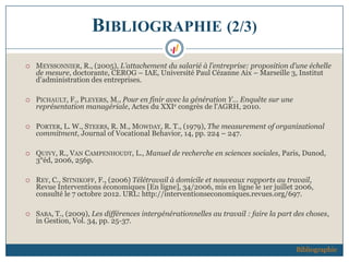 BIBLIOGRAPHIE (2/3)
 MEYSSONNIER, R., (2005), L’attachement du salarié à l’entreprise: proposition d’une échelle
de mesure, doctorante, CEROG – IAE, Université Paul Cézanne Aix – Marseille 3, Institut
d’administration des entreprises.
 PICHAULT, F., PLEYERS, M., Pour en finir avec la génération Y… Enquête sur une
représentation managériale, Actes du XXIe congrès de l'AGRH, 2010.
 PORTER, L. W., STEERS, R. M., MOWDAY, R. T., (1979), The measurement of organizational
commitment, Journal of Vocational Behavior, 14, pp. 224 – 247.
 QUIVY, R., VAN CAMPENHOUDT, L., Manuel de recherche en sciences sociales, Paris, Dunod,
3°éd, 2006, 256p.
 REY, C., SITNIKOFF, F., (2006) Télétravail à domicile et nouveaux rapports au travail,
Revue Interventions économiques [En ligne], 34/2006, mis en ligne le 1er juillet 2006,
consulté le 7 octobre 2012. URL: http://interventionseconomiques.revues.org/697.
 SABA, T., (2009), Les différences intergénérationnelles au travail : faire la part des choses,
in Gestion, Vol. 34, pp. 25-37.
Bibliographie
 