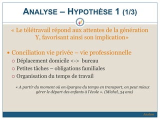 ANALYSE – HYPOTHÈSE 1 (1/3)
« Le télétravail répond aux attentes de la génération
Y, favorisant ainsi son implication»
 Conciliation vie privée – vie professionnelle
 Déplacement domicile <-> bureau
 Petites tâches – obligations familiales
 Organisation du temps de travail
« A partir du moment où on épargne du temps en transport, on peut mieux
gérer le départ des enfants à l'école ». (Michel, 34 ans)
Analyse
 