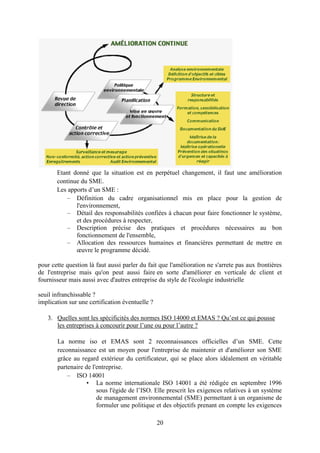 20
Etant donné que la situation est en perpétuel changement, il faut une amélioration
continue du SME.
Les apports d’un SME :
– Définition du cadre organisationnel mis en place pour la gestion de
l'environnement,
– Détail des responsabilités confiées à chacun pour faire fonctionner le système,
et des procédures à respecter,
– Description précise des pratiques et procédures nécessaires au bon
fonctionnement de l'ensemble,
– Allocation des ressources humaines et financières permettant de mettre en
œuvre le programme décidé.
pour cette question là faut aussi parler du fait que l'amélioration ne s'arrete pas aux frontières
de l'entreprise mais qu'on peut aussi faire en sorte d'améliorer en verticale dc client et
fournisseur mais aussi avec d'autres entreprise du style de l'écologie industrielle
seuil infranchissable ?
implication sur une certification éventuelle ?
3. Quelles sont les spécificités des normes ISO 14000 et EMAS ? Qu’est ce qui pousse
les entreprises à concourir pour l’une ou pour l’autre ?
La norme iso et EMAS sont 2 reconnaissances officielles d’un SME. Cette
reconnaissance est un moyen pour l'entreprise de maintenir et d'améliorer son SME
grâce au regard extérieur du certificateur, qui se place alors idéalement en véritable
partenaire de l'entreprise.
– ISO 14001
• La norme internationale ISO 14001 a été rédigée en septembre 1996
sous l'égide de l’ISO. Elle prescrit les exigences relatives à un système
de management environnemental (SME) permettant à un organisme de
formuler une politique et des objectifs prenant en compte les exigences
 