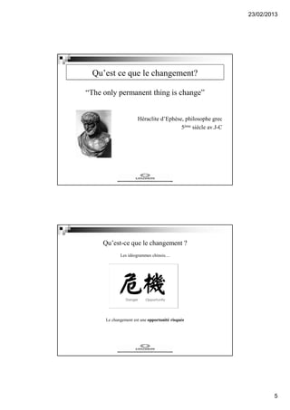 23/02/2013
5
Qu’est ce que le changement?
“The only permanent thing is change”
Héraclite d’Ephèse, philosophe grec
5ème siècle av.J-C
Qu’est-ce que le changement ?
Les idéogrammes chinois....
Le changement est une opportunité risquée
 
