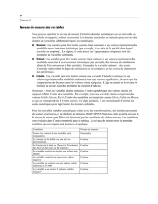 84
Chapitre 5
Niveau de mesure des variables
Vous pouvez spéciﬁer un niveau de mesure d’échelle (données numériques sur un intervalle ou
une échelle de rapport), ordinal ou nominal Les données nominales et ordinales peuvent être des
chaînes de caractères (alphanumériques) ou numériques.
 Nominal. Une variable peut être traitée comme étant nominale si ses valeurs représentent des
modalités sans classement intrinsèque (par exemple, le service de la société dans lequel
travaille un employé). La région, le code postal ou l’appartenance religieuse sont des
exemples de variables nominales.
 Ordinal. Une variable peut être traitée comme étant ordinale si ses valeurs représentent des
modalités associées à un classement intrinsèque (par exemple, des niveaux de satisfaction
allant de Très mécontent à Très satisfait). Exemples de variable ordinale : des scores
d’attitude représentant le degré de satisfaction ou de conﬁance, et des scores de classement
des préférences.
 Echelle. Une variable peut être traitée comme une variable d’échelle (continue) si ses
valeurs représentent des modalités ordonnées avec une mesure signiﬁcative, de sorte que les
comparaisons de distance entre les valeurs soient adéquates. L’âge en années et le revenu en
milliers de dollars sont des exemples de variable d’échelle.
Remarque : Pour les variables chaîne ordinales, l’ordre alphabétique des valeurs chaîne est
supposé reﬂéter l’ordre des modalités. Par exemple, pour une variable chaîne comportant des
valeurs Faible, Moyen, Elevé, l’ordre des modalités est interprété comme Elevé, Faible ou Moyen,
ce qui ne correspond pas à l’ordre correct. En règle générale, il est recommandé d’utiliser les
codes numériques pour représenter les données ordinales.
Pour les nouvelles variables numériques créées avec des transformations, des données provenant
de sources extérieures, et des ﬁchiers de données IBM® SPSS® Statistics créés avant la version 8,
le niveau de mesure par défaut est déterminé par les conditions du tableau suivant. Les conditions
sont évaluées dans l’ordre répertorié dans le tableau. Le niveau de mesure pour la première
condition qui correspond aux données est appliqué.
Condition Niveau de mesure
Toutes les valeurs d’une variable sont
manquantes.
Nominales
Le format est le dollar ou une devise
personnalisée.
Continu
Le format est la date ou l’heure (à l’exclusion
des mois et des jours de la semaine)
Continu
La variable contient au moins une valeur non
entière
Continu
La variable contient au moins une valeur
négative
Continu
La variable ne contient aucune valeur valide
inférieure à 10 000
Continu
La variable a au moins N valeurs valides
uniques*
Continu
 