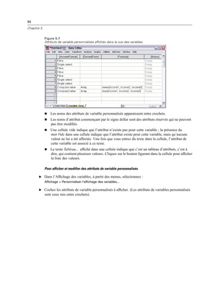 94
Chapitre 5
Figure 5-7
Attributs de variable personnalisés affichés dans la vue des variables
 Les noms des attributs de variable personnalisés apparaissent entre crochets.
 Les noms d’attribut commençant par le signe dollar sont des attributs réservés qui ne peuvent
pas être modiﬁés.
 Une cellule vide indique que l’attribut n’existe pas pour cette variable ; la présence du
mot Vide dans une cellule indique que l’attribut existe pour cette variable, mais qu’aucune
valeur ne lui a été affectée. Une fois que vous entrez du texte dans la cellule, l’attribut de
cette variable est associé à ce texte.
 Le texte Tableau... afﬁché dans une cellule indique que c’est un tableau d’attributs, c’est à
dire, qui contient plusieurs valeurs. Cliquez sur le bouton ﬁgurant dans la cellule pour afﬁcher
la liste des valeurs.
Pour afficher et modifier des attributs de variable personnalisés
E Dans l’Afﬁchage des variables, à partir des menus, sélectionnez :
Affichage > Personnaliser l’affichage des variables...
E Cochez les attributs de variable personnalisés à afﬁcher. (Les attributs de variables personnalisés
sont ceux mis entre crochets).
 