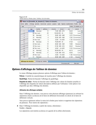 105
Editeur de données
Figure 5-14
Observations filtrées dans l’éditeur de données
Options d’affichage de l’éditeur de données
Le menu Afﬁchage propose plusieurs options d’afﬁchage pour l’éditeur de données :
Polices : Contrôle les caractéristiques de la police pour l’afﬁchage des données.
Quadrillage. Permet de basculer l’afﬁchage du quadrillage.
Etiquette de valeur : Permet de basculer entre l’afﬁchage des valeurs de données actuelles et
l’afﬁchage des étiquettes de valeurs descriptives déﬁnies par l’utilisateur. Cette option n’est
disponible que dans Afﬁchage des données.
Utilisation des affichages multiples
Dans l’Afﬁchage des données, vous pouvez créer plusieurs afﬁchages (panneaux) en utilisant les
séparations situées au-dessous de la barre de déﬁlement horizontale et à droite de la barre de
déﬁlement verticale.
Vous pouvez également utiliser le menu de la fenêtre pour insérer et supprimer des séparations
de panneaux. Pour insérer des séparations :
E Dans l’Afﬁchage de données, à partir des menus, sélectionnez :
Fenêtre > Séparée
Les séparations sont insérées au-dessus et à gauche de la cellule sélectionnée.
 