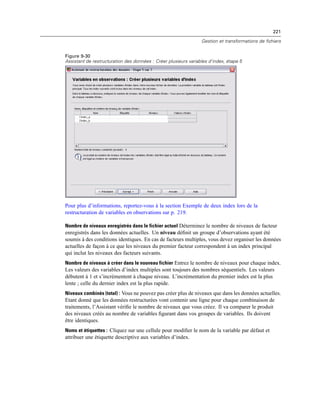 221
Gestion et transformations de fichiers
Figure 9-30
Assistant de restructuration des données : Créer plusieurs variables d’index, étape 5
Pour plus d’informations, reportez-vous à la section Exemple de deux index lors de la
restructuration de variables en observations sur p. 219.
Nombre de niveaux enregistrés dans le fichier actuel Déterminez le nombre de niveaux de facteur
enregistrés dans les données actuelles. Un niveau déﬁnit un groupe d’observations ayant été
soumis à des conditions identiques. En cas de facteurs multiples, vous devez organiser les données
actuelles de façon à ce que les niveaux du premier facteur correspondent à un index principal
qui inclut les niveaux des facteurs suivants.
Nombre de niveaux à créer dans le nouveau fichier Entrez le nombre de niveaux pour chaque index.
Les valeurs des variables d’index multiples sont toujours des nombres séquentiels. Les valeurs
débutent à 1 et s’incrémentent à chaque niveau. L’incrémentation du premier index est la plus
lente ; celle du dernier index est la plus rapide.
Niveaux combinés (total) : Vous ne pouvez pas créer plus de niveaux que dans les données actuelles.
Etant donné que les données restructurées vont contenir une ligne pour chaque combinaison de
traitements, l’Assistant vériﬁe le nombre de niveaux que vous créez. Il va comparer le produit
des niveaux créés au nombre de variables ﬁgurant dans vos groupes de variables. Ils doivent
être identiques.
Noms et étiquettes : Cliquez sur une cellule pour modiﬁer le nom de la variable par défaut et
attribuer une étiquette descriptive aux variables d’index.
 