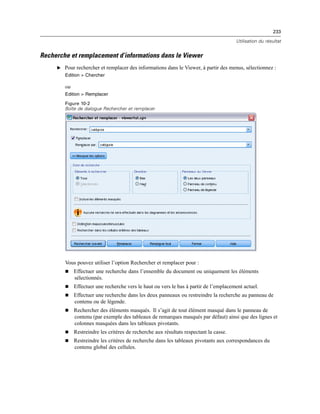 233
Utilisation du résultat
Recherche et remplacement d’informations dans le Viewer
E Pour rechercher et remplacer des informations dans le Viewer, à partir des menus, sélectionnez :
Edition > Chercher
ou
Edition > Remplacer
Figure 10-2
Boîte de dialogue Rechercher et remplacer
Vous pouvez utiliser l’option Rechercher et remplacer pour :
 Effectuer une recherche dans l’ensemble du document ou uniquement les éléments
sélectionnés.
 Effectuer une recherche vers le haut ou vers le bas à partir de l’emplacement actuel.
 Effectuer une recherche dans les deux panneaux ou restreindre la recherche au panneau de
contenu ou de légende.
 Rechercher des éléments masqués. Il s’agit de tout élément masqué dans le panneau de
contenu (par exemple des tableaux de remarques masqués par défaut) ainsi que des lignes et
colonnes masquées dans les tableaux pivotants.
 Restreindre les critères de recherche aux résultats respectant la casse.
 Restreindre les critères de recherche dans les tableaux pivotants aux correspondances du
contenu global des cellules.
 