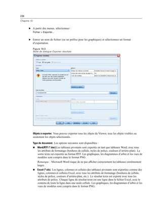 236
Chapitre 10
E A partir des menus, sélectionnez :
Fichier > Exporter...
E Entrez un nom de ﬁchier (ou un préﬁxe pour les graphiques) et sélectionnez un format
d’exportation.
Figure 10-3
Boîte de dialogue Exporter résultats
Objets à exporter. Vous pouvez exporter tous les objets du Viewer, tous les objets visibles ou
seulement les objets sélectionnés.
Type de document. Les options suivantes sont disponibles :
 Word/RTF (*.doc).Les tableaux pivotants sont exportés en tant que tableaux Word, avec tous
les attributs de formatage (bordures de cellule, styles de police, couleurs d’arrière-plan). La
sortie texte est exportée au format RTF. Les graphiques, les diagrammes d’arbre et les vues de
modèles sont compris dans le format PNG.
Remarque : Microsoft Word risque de ne pas afﬁcher correctement les tableaux extrêmement
larges.
 Excel (*:xls). Les lignes, colonnes et cellules des tableaux pivotants sont exportées comme des
lignes, colonnes et cellules Excel, avec tous les attributs de formatage (bordures de cellule,
styles de police, couleurs d’arrière-plan, etc.). Le résultat texte est exporté avec tous les
attributs de police. Chaque ligne du résultat texte est une ligne dans le ﬁchier Excel, avec le
contenu de toute la ligne dans une seule cellule. Les graphiques, les diagrammes d’arbre et les
vues de modèles sont compris dans le format PNG.
 