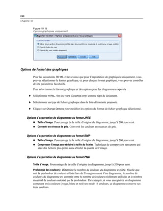 246
Chapitre 10
Figure 10-10
Options graphiques uniquement
Options de format des graphiques
Pour les documents HTML et texte ainsi que pour l’exportation de graphiques uniquement, vous
pouvez sélectionner le format graphique, et, pour chaque format graphique, vous pouvez contrôler
divers paramètres facultatifs.
Pour sélectionner le format graphique et des options pour les diagrammes exportés :
E Sélectionnez HTML, Text ou None (Graphics only) comme type de document.
E Sélectionnez un type de ﬁchier graphique dans la liste déroulante proposée.
E Cliquez sur Change Options pour modiﬁer les options du format de ﬁchier graphique sélectionné.
Options d’exportation de diagrammes au format JPEG
 Taille d’image. Pourcentage de la taille d’origine du diagramme, jusqu’à 200 pour cent.
 Convertir en niveaux de gris. Convertit les couleurs en nuances de gris.
Options d’exportation de diagrammes au format BMP
 Taille d’image. Pourcentage de la taille d’origine du diagramme, jusqu’à 200 pour cent.
 Compresser l’image pour réduire la taille du fichier. Technique de compression sans perte qui
crée des ﬁchiers plus petits sans affecter la qualité de l’image.
Options d’exportation de diagrammes au format PNG
Taille d’image. Pourcentage de la taille d’origine du diagramme, jusqu’à 200 pour cent.
Profondeur des couleurs : Détermine le nombre de couleurs du diagramme exporté. Quelle que
soit la profondeur de couleur utilisée lors de l’enregistrement d’un diagramme, le nombre de
couleurs du diagramme est compris entre le nombre de couleurs réellement utilisées et le nombre
maximal de couleurs autorisé par la profondeur. Par exemple, si vous enregistrez un diagramme
contenant trois couleurs (rouge, blanc et noir) en mode 16 couleurs, ce diagramme conserve ses
trois couleurs.
 