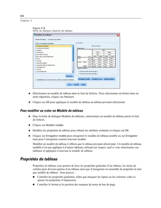 262
Chapitre 11
Figure 11-8
Boîte de dialogue Aspects de tableau
E Sélectionnez un modèle de tableau dans la liste de ﬁchiers. Pour sélectionner un ﬁchier dans un
autre répertoire, cliquez sur Parcourir.
E Cliquez sur OK pour appliquer le modèle de tableau au tableau pivotant sélectionné.
Pour modifier ou créer un Modèle de tableau
E Dans la boîte de dialogue Modèles de tableaux, sélectionnez un modèle de tableau parmi la liste
de ﬁchiers.
E Cliquez sur Modifier modèle.
E Modiﬁez les propriétés de tableau pour obtenir les attributs souhaités et cliquez sur OK.
E Cliquez sur Enregistrer modèle pour enregistrer le modèle de tableau modiﬁé ou sur Enregistrer
sous pour l’enregistrer comme nouveau modèle.
Modiﬁer un modèle de tableau n’affecte que le tableau pivotant sélectionné. Un modèle de tableau
modiﬁé n’est pas appliqué à d’autres tableaux utilisant cet Aspect, sauf si vous sélectionnez ces
tableaux et appliquez à nouveau le modèle de tableau.
Propriétés du tableau
Propriétés de tableau vous permet de ﬁxer les propriétés générales d’un tableau, les styles de
cellules pour diverses parties d’un tableau ainsi que d’enregistrer un ensemble de propriété en tant
que modèle de tableau. Vous pouvez :
 Contrôler les propriétés générales, telles que masquer les lignes ou les colonnes vides et
ajuster les propriétés d’impression.
 Contrôler le format et la position des marques de notes de bas de page.
 