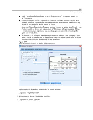 271
Tableaux pivotants
 Rétrécir un tableau horizontalement ou verticalement pour qu’il tienne dans la page lors
de l’impression.
 Contrôler les lignes veuves et orphelines en contrôlant le nombre minimal de lignes et de
colonnes qui seront contenues dans une section imprimée d’un tableau si le tableau est trop
large et/ou trop long pour la taille déﬁnie de la page.
Remarque : Si un tableau est trop long pour tenir sur le restant de la page actuelle car il y a un
d’autres résultats au-dessus dans la page, mais qu’il tient dans la longueur de page déﬁnie,
il est automatiquement imprimé sur une nouvelle page, quel que soit le paramétrage des
lignes veuves/orphelines.
 Inclure du texte de suite pour des tableaux qui ne peuvent s’ajuster à une seule page. Vous
pouvez afﬁcher du texte de suite au bas de chaque page et en haut de chaque page. Si aucune
option est sélectionnée, le texte de suite de sera pas afﬁché.
Figure 11-17
Boîte de dialogue Propriétés du tableau, onglet Impression
Pour contrôler les propriétés d’impression d’un tableau pivotant :
E Cliquez sur l’onglet Impression.
E Sélectionnez les options d’impression souhaitées.
E Cliquez sur OK ou sur Appliquer.
 