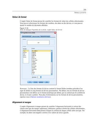 273
Tableaux pivotants
Valeur de format
L’onglet Valeur de format permet de contrôler les formats de valeur des cellules sélectionnées.
Vous pouvez sélectionner les formats des nombres, des dates ou des devises, et vous pouvez
ajuster le nombre de décimales afﬁchées.
Figure 11-19
Boîte de dialogue Propriétés de la cellule, onglet Valeur de format
Remarque : La liste des formats de devise contient le format Dollar (nombres précédés d’un
signe de dollar) et cinq formats de devises personnalisés. Par défaut, tous les formats de devise
personnalisés sont déﬁnis sur le format numérique par défaut, qui ne contient pas de symbole de
devise, ni d’autre symbole. Pour plus d’informations sur les formats de devise personnalisés,
reportez-vous à Options monétaires (devises).
Alignement et marges
L’onglet Alignement et marges permet de contrôler l’alignement horizontal et vertical des
valeurs ainsi que des marges supérieures, inférieures, gauche et droite des cellules sélectionnées.
L’alignement horizontal mixte permet d’aligner le contenu de chaque cellule selon son type. Par
exemple, les dates sont alignées à droite et les valeurs de texte à gauche.
 