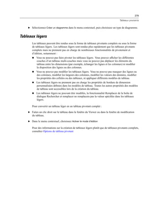 279
Tableaux pivotants
E Sélectionnez Créer un diagramme dans le menu contextuel, puis choisissez un type de diagramme.
Tableaux légers
Les tableaux peuvent être rendus sous la forme de tableaux pivotants complets ou sous la forme
de tableaux légers. Les tableaux légers sont rendus plus rapidement que les tableaux pivotants
complets mais ne prennent pas en charge de nombreuses fonctionnalités de pivotement et
d’édition, notamment :
 Vous ne pouvez pas faire pivoter les tableaux légers. Vous pouvez afﬁcher les différentes
couches d’un tableau multi-couches mais vous ne pouvez pas déplacer les éléments du
tableau entre les dimensions (par exemple, échanger les lignes et les colonnes) ni modiﬁer
la disposition des lignes ou des colonnes.
 Vous ne pouvez pas modiﬁer les tableaux légers. Vous ne pouvez pas masquer des lignes ou
des colonnes, modiﬁer les largeurs des colonnes, modiﬁer les valeurs des données, modiﬁer
les propriétés des cellules ou des tableaux, ni appliquer différents modèles de tableau.
 Les tableaux légers ne prennent pas en charge les propriétés de bordure de dimension
personnalisées déﬁnies dans les modèles de tableau. Toutes les autres propriétés des modèles
de tableau sont accessibles lors de la création du tableau.
 Les tableaux légers ne pouvant être modiﬁés, la fonctionnalité Remplacer de la boîte de
dialogue Rechercher et remplacer ne remplacera pas la valeur spéciﬁée dans les tableaux
légers.
Pour convertir un tableau léger en un tableau pivotant complet :
E Faites un clic droit sur le tableau dans la fenêtre du Viewer ou dans la fenêtre de modiﬁcation
du tableau.
E Dans le menu contextuel, choisissez Activer le mode d’édition
Pour des informations sur la création de tableaux légers plutôt que de tableaux pivotants complets,
consultez Options de tableau pivotant
 