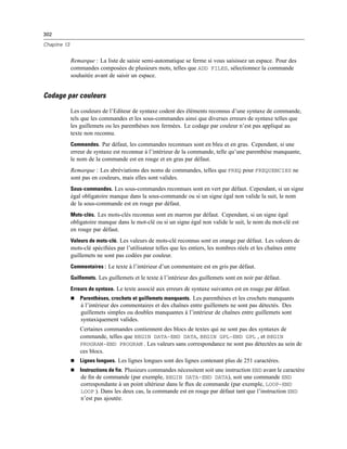 302
Chapitre 13
Remarque : La liste de saisie semi-automatique se ferme si vous saisissez un espace. Pour des
commandes composées de plusieurs mots, telles que ADD FILES, sélectionnez la commande
souhaitée avant de saisir un espace.
Codage par couleurs
Les couleurs de l’Editeur de syntaxe codent des éléments reconnus d’une syntaxe de commande,
tels que les commandes et les sous-commandes ainsi que diverses erreurs de syntaxe telles que
les guillemets ou les parenthèses non fermées. Le codage par couleur n’est pas appliqué au
texte non reconnu.
Commandes. Par défaut, les commandes reconnues sont en bleu et en gras. Cependant, si une
erreur de syntaxe est reconnue à l’intérieur de la commande, telle qu’une parenthèse manquante,
le nom de la commande est en rouge et en gras par défaut.
Remarque : Les abréviations des noms de commandes, telles que FREQ pour FREQUENCIES ne
sont pas en couleurs, mais elles sont valides.
Sous-commandes. Les sous-commandes reconnues sont en vert par défaut. Cependant, si un signe
égal obligatoire manque dans la sous-commande ou si un signe égal non valide la suit, le nom
de la sous-commande est en rouge par défaut.
Mots-clés. Les mots-clés reconnus sont en marron par défaut. Cependant, si un signe égal
obligatoire manque dans le mot-clé ou si un signe égal non valide le suit, le nom du mot-clé est
en rouge par défaut.
Valeurs de mots-clé. Les valeurs de mots-clé reconnus sont en orange par défaut. Les valeurs de
mots-clé spéciﬁées par l’utilisateur telles que les entiers, les nombres réels et les chaînes entre
guillemets ne sont pas codées par couleur.
Commentaires : Le texte à l’intérieur d’un commentaire est en gris par défaut.
Guillemets. Les guillemets et le texte à l’intérieur des guillemets sont en noir par défaut.
Erreurs de syntaxe. Le texte associé aux erreurs de syntaxe suivantes est en rouge par défaut.
 Parenthèses, crochets et guillemets manquants. Les parenthèses et les crochets manquants
à l’intérieur des commentaires et des chaînes entre guillemets ne sont pas détectés. Des
guillemets simples ou doubles manquantes à l’intérieur de chaînes entre guillemets sont
syntaxiquement valides.
Certaines commandes contiennent des blocs de textes qui ne sont pas des syntaxes de
commande, telles que BEGIN DATA-END DATA, BEGIN GPL-END GPL , et BEGIN
PROGRAM-END PROGRAM . Les valeurs sans correspondance ne sont pas détectées au sein de
ces blocs.
 Lignes longues. Les lignes longues sont des lignes contenant plus de 251 caractères.
 Instructions de fin. Plusieurs commandes nécessitent soit une instruction END avant le caractère
de ﬁn de commande (par exemple, BEGIN DATA-END DATA), soit une commande END
correspondante à un point ultérieur dans le ﬂux de commande (par exemple, LOOP-END
LOOP ). Dans les deux cas, la commande est en rouge par défaut tant que l’instruction END
n’est pas ajoutée.
 