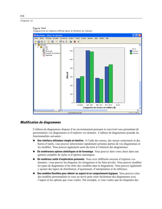 314
Chapitre 14
Figure 14-4
Diagramme en bâtons affiché dans la fenêtre du Viewer
Modification de diagrammes
L’éditeur de diagrammes dispose d’un environnement puissant et convivial vous permettant de
personnaliser vos diagrammes et d’explorer vos données. L’éditeur de diagrammes possède les
fonctionnalités suivantes :
 Une interface utilisateur simple et intuitive. A l’aide des menus, des menus contextuels et des
barres d’outils, vous pouvez sélectionner rapidement certaines parties de vos diagrammes et
les modiﬁer. Vous pouvez également saisir du texte à l’intérieur des diagrammes.
 De nombreuses options statistiques et de formatage. Vous pouvez faire votre choix dans une
gamme complète de styles et d’options statistiques.
 De nombreux outils d’exploration puissants. Vous avez différents moyens d’explorer vos
données ; vous pouvez les étiqueter, les réorganiser et les faire pivoter. Vous pouvez modiﬁer
les types de diagramme et les rôles des variables dans le diagramme. Vous pouvez également
y ajouter des lignes de distribution, d’ajustement, d’interpolation et de référence.
 Des modèles flexibles pour obtenir un aspect et un comportement logiques. Vous pouvez créer
des modèles personnalisés et vous en servir pour créer facilement des diagrammes avec
l’aspect et les options que vous voulez. Par exemple, si vous voulez que les étiquettes des
 