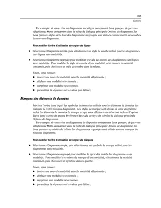 355
Options
Par exemple, si vous créez un diagramme curviligne comprenant deux groupes, et que vous
sélectionnez Motifs uniquement dans la boîte de dialogue principale Options de diagramme, les
deux premiers styles de la liste des diagrammes regroupés sont utilisés comme motifs des courbes
du nouveau diagramme.
Pour modifier l’ordre d’utilisation des styles de lignes
E Sélectionnez Diagramme simple, puis sélectionnez un style de courbe utilisé pour les diagrammes
curvilignes sans modalités.
E Sélectionnez Diagramme regroupé pour modiﬁer le cycle des motifs des diagrammes curvilignes
avec modalités. Pour modiﬁer le style de courbe d’une modalité, sélectionnez la modalité
concernée, puis choisissez un style de courbe dans la palette.
Sinon, vous pouvez :
 insérer une nouvelle modalité avant la modalité sélectionnée ;
 déplacer une modalité sélectionnée ;
 supprimer une modalité sélectionnée.
 paramétrer la séquence sur la valeur par défaut ;
Marques des éléments de données
Précisez l’ordre dans lequel les symboles doivent être utilisés pour les éléments de données des
marques de votre nouveau diagramme. Les styles de marque sont utilisés si votre diagramme
inclut des éléments de données de marque et que vous effectuez une sélection incluant l’option
Types dans la zone de groupe Préférence de cycle de style de la boîte de dialogue principale
Options de diagramme.
Par exemple, si vous créez un diagramme de dispersion comprenant deux groupes, et que vous
sélectionnez Motifs uniquement dans la boîte de dialogue principale Options de diagramme, les
deux premiers symboles de la liste des diagrammes regroupés sont utilisés comme marques du
nouveau diagramme.
Pour modifier l’ordre d’utilisation des styles de marques
E Sélectionnez Diagramme simple, puis sélectionnez un symbole de marque utilisé pour les
diagrammes sans modalités.
E Sélectionnez Diagramme regroupé pour modiﬁer le cycle des motifs des diagrammes avec
modalités. Pour modiﬁer le symbole de marque d’une modalité, sélectionnez la modalité
concernée, puis choisissez un symbole dans la palette.
Sinon, vous pouvez :
 insérer une nouvelle modalité avant la modalité sélectionnée ;
 déplacer une modalité sélectionnée ;
 supprimer une modalité sélectionnée.
 paramétrer la séquence sur la valeur par défaut ;
 