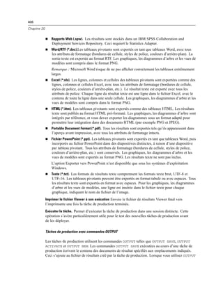 406
Chapitre 20
 Rapports Web (.spw). Les résultats sont stockés dans un IBM SPSS Collaboration and
Deployment Services Repository. Ceci requiert le Statistics Adapter.
 Word/RTF (*.doc).Les tableaux pivotants sont exportés en tant que tableaux Word, avec tous
les attributs de formatage (bordures de cellule, styles de police, couleurs d’arrière-plan). La
sortie texte est exportée au format RTF. Les graphiques, les diagrammes d’arbre et les vues de
modèles sont compris dans le format PNG.
Remarque : Microsoft Word risque de ne pas afﬁcher correctement les tableaux extrêmement
larges.
 Excel (*:xls). Les lignes, colonnes et cellules des tableaux pivotants sont exportées comme des
lignes, colonnes et cellules Excel, avec tous les attributs de formatage (bordures de cellule,
styles de police, couleurs d’arrière-plan, etc.). Le résultat texte est exporté avec tous les
attributs de police. Chaque ligne du résultat texte est une ligne dans le ﬁchier Excel, avec le
contenu de toute la ligne dans une seule cellule. Les graphiques, les diagrammes d’arbre et les
vues de modèles sont compris dans le format PNG.
 HTML (*.htm). Les tableaux pivotants sont exportés comme des tableaux HTML. Les résultats
texte sont publiés au format HTML pré-formaté. Les graphiques, les diagrammes d’arbre sont
intégrés par référence, et vous devez exporter les diagrammes sous un format adapté pour
permettre leur intégration dans des documents HTML (par exemple PNG et JPEG).
 Portable Document Format (*.pdf). Tous les résultats sont exportés tels qu’ils apparaissent dans
l’aperçu avant impression, avec tous les attributs de formatage intacts.
 Fichier PowerPoint (*.ppt). Les tableaux pivotants sont exportés en tant que tableaux Word, puis
incorporés au ﬁchier PowerPoint dans des diapositives distinctes, à raison d’une diapositive
par tableau pivotant. Tous les attributs de formatage (bordures de cellule, styles de police,
couleurs d’arrière-plan, etc.) sont conservés. Les graphiques, les diagrammes d’arbre et les
vues de modèles sont exportés au format PNG. Les résultats texte ne sont pas inclus.
L’option Exporter vers PowerPoint n’est disponible que sous les systèmes d’exploitation
Windows.
 Texte (*.txt). Les formats de résultats texte comprennent les formats texte brut, UTF-8 et
UTF-16. Les tableaux pivotants peuvent être exportés en format tabulé ou avec espaces. Tous
les résultats texte sont exportés en format avec espaces. Pour les graphiques, les diagrammes
d’arbre et les vues de modèles, une ligne est insérée dans le ﬁchier texte pour chaque
graphique, indiquant le nom de ﬁchier de l’image.
Imprimer le fichier Viewer à son exécution Envoie le ﬁchier de résultats Viewer ﬁnal vers
l’imprimante une fois la tâche de production terminée.
Exécuter la tâche. Permet d’exécuter la tâche de production dans une session distincte. Cette
opération s’avère particulièrement utile pour le test des nouvelles tâches de production avant
de les déployer.
Tâches de production avec commandes OUTPUT
Les tâches de production utilisent les commandes OUTPUT telles que OUTPUT SAVE, OUTPUT
ACTIVATE et OUTPUT NEW. Les commandes OUTPUT SAVE exécutées au cours d’une tâche de
production écrivent le contenu des documents de résultat spéciﬁés aux emplacements indiqués.
Ceci s’ajoute au ﬁchier de résultats créé par la tâche de production. Lorsque vous utilisez OUTPUT
 