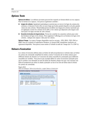 408
Chapitre 20
Options Texte
Options de tableau. Les tableaux pivotants peuvent être exportés en format tabulé ou avec espaces.
Pour le format avec espaces, vous pouvez également contrôler :
 Largeur de colonne. Ajustement automatique ne permet pas un renvoi à la ligne du contenu des
colonnes, et chacune d’entre elles est aussi large que la plus grande étiquette ou la plus grande
valeur de cette colonne. Personnalisé permet de déﬁnir une largeur de colonne maximale qui
est appliquée à toutes les colonnes de la table, et les valeurs qui dépassent cette largeur sont
renvoyées à la ligne suivante de cette colonne.
 Caractère de bordure de ligne/colonne. Permet de contrôler les caractères utilisés pour créer
des bordures de ligne et de colonne. Pour supprimer l’afﬁchage de ces bordures de ligne et de
colonne , indiquez des espaces vides pour les valeurs.
Options d’image. Les types d’images disponibles sont les suivants : EPS, JPEG, TIFF, PNG et
BMP. Sous les systèmes d’exploitation Windows, le format EMF (métaﬁchier amélioré) est
également disponible. Vous pouvez aussi mettre à l’échelle la taille de l’image (de 1% à 200 %).
Valeurs d’exécution
Les valeurs d’exécution déﬁnies dans un ﬁchier de tâche de production et utilisées dans un ﬁchier
de syntaxe de commande simpliﬁent les tâches comme l’exécution de la même analyse pour
différents ﬁchiers de données ou l’exécution du même ensemble de commandes pour différents
ensembles de variables. Vous pouvez par exemple déﬁnir la valeur d’exécution @dataﬁle pour
que le système vous demande un nom de ﬁchier de données chaque fois que vous exécutez une
tâche de production qui utilise la chaîne @dataﬁle au lieu d’un nom de ﬁchier dans le ﬁchier
de syntaxe de commande.
Figure 20-2
Boîte de dialogue Tâche de production, onglet Valeurs d’exécution
 