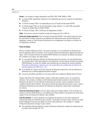 422
Chapitre 21
Format : Les formats d’images disponibles sont PNG, JPG, EMF, BMP et VML.
 Le format EMF (métaﬁchier amélioré) n’est disponible que sous les systèmes d’exploitation
Windows.
 Le format d’image VML n’est disponible qu’avec le format de document HTML.
 Le format image VML ne crée pas de ﬁchiers image distincts. Le code VML qui génère
l’image est intégré dans le ﬁchier HTML.
 Le format d’image VML n’inclut pas de diagrammes d’arbre.
Taille : Vous pouvez mettre à l’échelle la taille de l’image (de 10% à 200 %).
Inclure des images hypertexte. Pour le format de document HTML, cette option permet de créer
des info-bulles d’images hypertexte qui afﬁchent des informations pour certains éléments du
graphique, comme la valeur du point sélectionné sur un diagramme curviligne ou un bâton sur
un diagramme en bâtons.
Pivots de tableau
Pour les résultats Tableau pivotant, vous pouvez spéciﬁer le ou les éléments de dimension qui
doivent apparaître dans les colonnes. Tous les autres éléments de dimension apparaissent dans les
lignes. Pour le format de ﬁchier de données SPSS Statistics, les colonnes du tableau deviennent
des variables et les lignes, des observations.
 Si vous spéciﬁez plusieurs éléments de dimension pour les colonnes, ils sont emboîtés dans
les colonnes dans l’ordre dans lequel ils sont répertoriés. Pour le format de ﬁchier de données
SPSS Statistics, les noms de variable sont construits par les éléments de colonne emboîtés.
Pour plus d’informations, reportez-vous à la section Noms de variable dans les ﬁchiers de
données générés par OMS sur p. 432.
 Si un tableau ne contient aucun des éléments de dimension répertoriés, tous les éléments de
dimension de ce tableau apparaissent dans les lignes.
 Les pivots de tableau spéciﬁés ici n’ont aucun effet sur les tableaux afﬁchés dans le Viewer.
Chaque dimension d’un tableau (ligne, colonne, strate) peut contenir aucun, un ou plusieurs
éléments. Par exemple, un tableau croisé bidimensionnel simple contient un seul élément de
dimension de ligne et un seul élément de dimension de colonne, chacun contenant l’une des
variables utilisées dans le tableau. Vous pouvez utiliser des arguments de position ou des « noms »
d’élément de dimension pour spéciﬁer les éléments de dimension à placer dans la dimension
de colonne.
Toutes les dimensions en lignes. Créé une ligne unique pour chaque tableau. Pour les ﬁchiers de
données au format SPSS Statistics, cela implique que chaque tableau correspond à une observation
unique et tous les élements du tableau à des variables.
Liste des positions. La forme générale d’un argument de position est une lettre indiquant la
position par défaut de l’élément (C pour colonne, L pour ligne ou S pour strate), suivie d’un entier
positif indiquant la position par défaut au sein de cette dimension. Par exemple, L1 indique
l’élément de dimension de ligne le plus externe.
 Pour spéciﬁer plusieurs éléments à partir de plusieurs dimensions, séparez les dimensions par
un espace (par exemple, R1 C2).
 