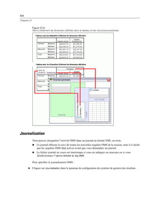 424
Chapitre 21
Figure 21-6
Noms d’élément de dimension affichés dans le tableau et les structures pivotantes
Journalisation
Vous pouvez enregistrer l’activité OMS dans un journal au format XML ou texte.
 Le journal effectue le suivi de toutes les nouvelles requêtes OMS de la session, mais il n’inclut
pas les requêtes OMS déjà actives avant que vous demandiez un journal.
 Le ﬁchier journal en cours est interrompu si vous en indiquez un nouveau ou si vous
désélectionnez l’option Activité du log OMS.
Pour spéciﬁer la journalisation OMS :
E Cliquez sur Journalisation dans le panneau de conﬁguration du système de gestion des résultats.
 