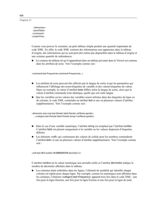 436
Chapitre 21
</dimension>
</pivotTable>
</command>
</outputTree>
Comme vous pouvez le constater, un petit tableau simple produit une quantité importante de
code XML. En effet, le code XML contient des informations non apparentes dans le tableau
d’origine, des informations qui ne sont peut-être même pas disponibles dans le tableau d’origine et
une certaine quantité de redondances.
 Le contenu du tableau tel qu’il apparaîtrait dans un tableau pivotant dans le Viewer est contenu
dans les attributs de texte. Voir l’exemple comme suit :
<command text=Frequencies command=Frequencies...>
 Les attributs de texte peuvent être affectés par la langue de sortie et par les paramètres qui
inﬂuencent l’afﬁchage des noms/étiquettes de variable et des valeurs/étiquettes de valeur.
Dans cet exemple, la valeur d’attribut texte diffère selon la langue de sortie, alors que la
valeur d’attribut commande reste identique, quelle que soit cette langue.
 Que les variables ou les valeurs des variables soient utilisées dans des étiquettes de ligne ou
de colonne, le code XML contiendra un attribut text et une ou plusieurs valeurs d’attribut
supplémentaires. Voir l’exemple comme suit :
<dimension axis=row text=Gender label=Gender varName=gender>
...<category text=Female label=Female string=f varName=gender>
 Dans le cas d’une variable numérique, l’attribut string est remplacé par l’attribut number.
L’attribut label est présent uniquement si la variable ou les valeurs disposent d’étiquettes
déﬁnies.
 Les éléments <cell> qui contiennent des valeurs de cellule pour les nombres contiendront
l’attribut text> et une ou plusieurs valeurs d’attribut supplémentaires. Voir l’exemple comme
suit :
<cell text=45.6 number=45.569620253165 decimals=1/>
L’attribut nombre est la valeur numérique non arrondie réelle et l’attribut décimales indique le
nombre de décimales afﬁchées dans le tableau.
 Les colonnes étant emboîtées dans les lignes, l’élément de modalité qui identiﬁe chaque
colonne est répété pour chaque ligne. Par exemple, comme les statistiques sont afﬁchées dans
les colonnes, l’élément <category text=Frequency> apparaît trois fois dans le code XML : une
fois pour la ligne Homme, une fois pour la ligne Femme et une fois pour la ligne de total.
 