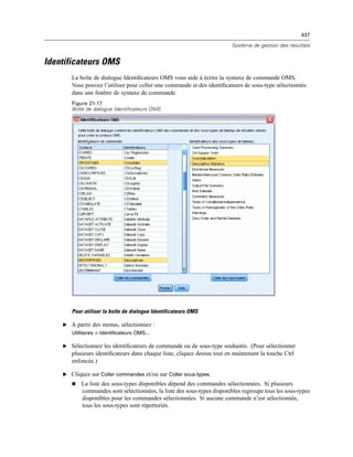 437
Système de gestion des résultats
Identificateurs OMS
La boîte de dialogue Identiﬁcateurs OMS vous aide à écrire la syntaxe de commande OMS.
Vous pouvez l’utiliser pour coller une commande et des identiﬁcateurs de sous-type sélectionnés
dans une fenêtre de syntaxe de commande.
Figure 21-17
Boîte de dialogue Identificateurs OMS
Pour utiliser la boîte de dialogue Identificateurs OMS
E A partir des menus, sélectionnez :
Utilitaires > Identificateurs OMS...
E Sélectionnez les identiﬁcateurs de commande ou de sous-type souhaités. (Pour sélectionner
plusieurs identiﬁcateurs dans chaque liste, cliquez dessus tout en maintenant la touche Ctrl
enfoncée.)
E Cliquez sur Coller commandes et/ou sur Coller sous-types.
 La liste des sous-types disponibles dépend des commandes sélectionnées. Si plusieurs
commandes sont sélectionnées, la liste des sous-types disponibles regroupe tous les sous-types
disponibles pour les commandes sélectionnées. Si aucune commande n’est sélectionnée,
tous les sous-types sont répertoriés.
 