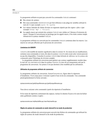 454
Annexe A
Le programme utilitaire ne peut pas convertir les commandes TABLES contenant :
 Des erreurs de syntaxe.
 Des sous-commandes OBSERVATION qui font référence à une plage de variables utilisant le
mot-clé TO (par exemple var01 TO var05).
 Les valeurs littérales de chaîne divisées en segments séparés par des signes « plus » (par
exemple TITLE "My" + "Title").
 Les appels macro qui seraient des syntaxes TABLES non valides en l’absence d’extension de
macro. Puisque le convertisseur ne prolonge pas les appels macro, il les traite comme simple
élément de la syntaxe standard TABLES.
Le programme utilitaire ne convertit pas les commandes TABLES contenues dans les macros. Les
macros ne sont pas affectées par le processus de conversion.
Limitations de IGRAPH
IGRAPH a été modiﬁé de manière signiﬁcative dans la version 16. En raison de ces modiﬁcations,
certaines sous-commandes et mots clés dans la syntaxe IGRAPH créés avant cette version peuvent
ne pas être disponibles. Consultez la section IGRAPH dans leGuide de référence sur la syntaxe des
commandes pour l’historique de révision complet.
Le programme utilitaire de conversion peut générer une syntaxe supplémentaire stockée dans
le mot clé INLINETEMPLATE dans la syntaxe GGRAPH. Ce mot clé est uniquement créé par le
programme de conversion. Sa syntaxe n’est pas destinée à être modiﬁée par les utilisateurs.
Utilisation du programme utilitaire de conversion
Le programme utilitaire de conversion, SyntaxConverter.exe, ﬁgure dans le répertoire
d’installation. Il est conçu pour s’exécuter à partir d’une invite de commande. Une commande
prend généralement la forme suivante :
syntaxconverter.exe [path]/inputfilename.sps [path]/outputfilename.sps
Vous devez exécuter cette commande à partir du répertoire d’installation.
Si les noms de répertoire contiennent des espaces, incluez le chemin d’accès et le nom du ﬁchier
entre guillemets comme ci-après :
syntaxconverter.exe /myfiles/oldfile.sps /new files/newfile.sps
Règles de syntaxe de commande en mode interactif et en mode de production
Le programme utilitaire de conversion peut convertir des ﬁchiers de commandes qui utilisent les
règles de syntaxe du mode interactif et du mode de production.
 