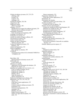 459
Index
Cellules de tableaux pivotants, 267, 275–276
Afﬁchage, 260
Formats, 267
Largeurs, 276
masquage, 260
Centrage de résultats, 230, 346
codage local, 308
codage par couleur
éditeur de syntaxe, 302
colonnes., 276–277
Modiﬁcation de la largeur des tableaux pivotants, 276
Sélection dans les tableaux pivotants, 277
commandes d’extension
boîtes de dialogue personnalisées, 400
Comptage d’occurrences, 151
Connexion à un serveur, 72
contrôle du nombre de lignes à afﬁcher, 263
convertisseur de syntaxe, 453
couleur d’arrière-plan, 272
couleurs de ligne en alternance
Tableaux pivotants, 267
Couleurs de tableaux pivotants, 270
Bordures, 270
création de diagrammes, 310
critères d’agrégation
Dans Agréger les données, 199
CTABLES
conversion de la syntaxe de la commande TABLES en
CTABLES, 453
Data Editor, 368
plusieurs ﬁchiers de données ouverts, 107
DATA LIST, 68
et GET DATA, 68
déﬁnition de variables
Application d’un dictionnaire des données, 124
Etiquettes de valeurs, 113
Déﬁnition de variables, 82, 85, 87, 89–91, 113
Copie et collage d’attributs, 90–91
Etiquettes de valeurs, 87
Etiquettes de variable, 87
Modèles, 90–91
Types de données, 85
Valeurs manquantes, 89
Déplacement de lignes et de colonnes, 255
diagrammes, 229, 235, 278, 310, 353
Aperçu, 310
Copie dans d’autres applications, 235
Création, 310
Création à partir de tableaux pivotants, 278
Exportation, 235
Générateur de diagrammes, 310
masquage, 229
Modèles, 318, 353
Rapport hauteur/largeur, 353
retours à la ligne dans les panels, 318
taille, 318
Valeurs manquantes, 318
Diagrammes interactifs, 235
Copie dans d’autres applications, 235
Dictionnaire, 46
Dictionnaire des données
Application à partir d’un autre ﬁchier, 124
Division de tableaux, 278
Contrôle des sauts de tableau, 278
Données de séries chronologiques
Création de variables de séries chronologiques, 184
Déﬁnition de variables de date, 183
Fonctions de transformation, 185
Remplacement de valeurs manquantes, 187
Transformations de données, 182
données IBM SPSS Data Collection, 43
enregistrement, 67
Données pondérées, 226
Et ﬁchiers des données restructurées, 226
Données qualitatives, 117
Conversion de données d’intervalle en modalités
discrètes, 137
Données séparées par des espaces, 33
Ecart z
Ordonner les observations, 165
échantillon aléatoire
Bases de données, 25
Sélection, 207
Echantillon aléatoire, 25
Génération de nombres aléatoires, 150
échantillonnage
Echantillon aléatoire, 207
échelle
niveau de mesure, 84
Echelle, 84
niveau de mesure, 117
Editeur de diagrammes, 314
propriétés, 315
Editeur de données, 80, 82, 90, 97–101, 104–106
Afﬁchage des données, 80
Afﬁchage des variables, 81
afﬁchages/panneaux multiples, 105
Alignement, 90
Déﬁnition de variables, 82
Déplacement de variables, 101
Envoi de données vers d’autres applications, 368
Impression, 106
Insertion de nouvelles observations, 100
Insertion de nouvelles variables, 101
Largeur de colonne, 90
Modiﬁcation de données, 99–100
Modiﬁcation du type de données, 101
Observations ﬁltrées, 104
Options d’afﬁchage, 105
plusieurs ﬁchiers de données ouverts, 343
Restrictions concernant la valeur de données, 99
rôles, 89
 