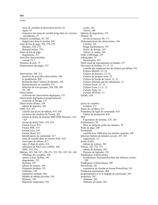 464
Index
noms de variables d’observation mixtes, 83
règles, 83
troncation des noms de variable longs dans les versions
précédentes, 47
Notation scientiﬁque, 85, 343
Suppression dans le résultat, 343
notes de bas de page, 266, 274–276
Marques, 266, 275
Renumérotation, 276
Notes de bas de page
diagrammes, 317
Nouvelles fonctionnalités
version 19, 1
Numéros de port, 73
Numérotation des pages, 251
observations, 100, 211
Insertion de nouvelles observations, 100
la pondération, 209
Recherche dans l’éditeur de données, 102
Restructuration en variables, 211
Sélection de sous-groupes, 204, 206, 208
Tri, 189
Observations
recherche des observations dupliquées, 133
observations dupliquées (enregistrements)
recherche et ﬁltrage, 133
Observations ﬁltrées, 104
éditeur de données, 104
OMS, 413, 437
contrôle des pivots de tableau, 419, 430
exclusion des résultats du Viewer, 425
format de ﬁchier de données IBM SPSS Statistics, 419,
425
format de ﬁchier SAV, 419, 425
Format Excel, 419
Format PDF, 419
Format texte, 419
Format Word, 419
identiﬁcateurs de commande, 417
noms de variable dans les ﬁchiers SAV, 432
sous-types de tableau, 417
types d’objet de sortie, 416
utilisation de XSLT avec OXML, 438
XML, 419, 433
Options, 343, 346–347, 350–351, 353, 356, 359, 361, 364
Afﬁchage des variables, 350
années à deux chiffres, 347
diagrammes, 353
Données, 347
éditeur de syntaxe, 364
Etiquettes résultats, 351
Générales, 343
imputation multiple, 366
Modèle de tableau pivotant, 356
Monnaie, 350
Répertoire temporaire, 359
scripts, 361
Viewer, 346
Options de diagramme, 353
Ordinal, 84
niveau de mesure, 84, 117
Ordonnancement des observations, 164
Centiles, 165
Rangs fractionnaires, 165
Scores de Savage, 165
Valeurs ex aequo, 166
Ordre d’afﬁchage, 255
orthographe, 97
Dictionnaire, 347
Outil visuel de regroupement en bandes, 137
Ouverture de ﬁchiers, 13–17, 33
contrôle des emplacements des ﬁchiers par défaut, 359
Fichiers dBASE, 13, 16
Fichiers de données, 13–14
Fichiers de données texte, 33
Fichiers de feuille de calcul, 13, 15
Fichiers délimités par des tabulations, 13
Fichiers Excel, 13, 15
Fichiers Lotus 1-2-3, 13
Fichiers Stata, 16
Fichiers SYSTAT, 13
OXML, 438
paires de variables
Création, 211
Paires de variables, 211
Paramètres de ligne de commande, 410
Tâches de production, 410
PDF
Exportation de résultats, 235, 243
Performances, 70
Mise en mémoire cache des données, 70
Pieds de page, 249
Pivotement
contrôle avec OMS pour les résultats exportés, 430
plusieurs ﬁchiers de données ouverts, 107, 343
suppression, 111
points d’arrêt
éditeur de syntaxe, 303
Polices, 105, 232, 272
éditeur de données, 105
Panneau de légendes, 232
Pondération d’observations
Pondérations fractionnelles dans des tableaux croisés,
209
Pondération d’observations, 209
PowerPoint, 241
exportation du résultat au format PowerPoint, 241
Production automatisée, 404
programmation avec le langage de commande, 294
propriétés, 263
Tableaux, 263
Tableaux pivotants, 263
 