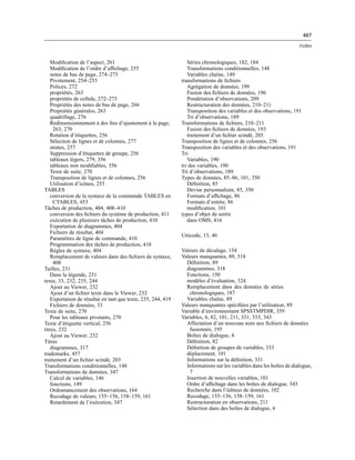 467
Index
Modiﬁcation de l’aspect, 261
Modiﬁcation de l’ordre d’afﬁchage, 255
notes de bas de page, 274–275
Pivotement, 254–255
Polices, 272
propriétés, 263
propriétés de cellule, 272–273
Propriétés des notes de bas de page, 266
Propriétés générales, 263
quadrillage, 276
Redimensionnement à des ﬁns d’ajustement à la page,
263, 270
Rotation d’étiquettes, 256
Sélection de lignes et de colonnes, 277
strates, 257
Suppression d’étiquettes de groupe, 256
tableaux légers, 279, 356
tableaux non modiﬁables, 356
Texte de suite, 270
Transposition de lignes et de colonnes, 256
Utilisation d’icônes, 255
TABLES
conversion de la syntaxe de la commande TABLES en
CTABLES, 453
Tâches de production, 404, 408–410
conversion des ﬁchiers du système de production, 411
exécution de plusieurs tâches de production, 410
Exportation de diagrammes, 404
Fichiers de résultat, 404
Paramètres de ligne de commande, 410
Programmation des tâches de production, 410
Règles de syntaxe, 404
Remplacement de valeurs dans des ﬁchiers de syntaxe,
408
Tailles, 231
Dans la légende, 231
texte, 33, 232, 235, 244
Ajout au Viewer, 232
Ajout d’un ﬁchier texte dans le Viewer, 232
Exportation de résultat en tant que texte, 235, 244, 419
Fichiers de données, 33
Texte de suite, 270
Pour les tableaux pivotants, 270
Texte d’étiquette vertical, 256
titres, 232
Ajout au Viewer, 232
Titres
diagrammes, 317
trademarks, 457
traitement d’un ﬁchier scindé, 203
Transformations conditionnelles, 148
Transformations de données, 347
Calcul de variables, 146
fonctions, 149
Ordonnancement des observations, 164
Recodage de valeurs, 155–156, 158–159, 161
Retardement de l’exécution, 347
Séries chronologiques, 182, 184
Transformations conditionnelles, 148
Variables chaîne, 149
transformations de ﬁchiers
Agrégation de données, 199
Fusion des ﬁchiers de données, 196
Pondération d’observations, 209
Restructuration des données, 210–211
Transposition des variables et des observations, 191
Tri d’observations, 189
Transformations de ﬁchiers, 210–211
Fusion des ﬁchiers de données, 193
traitement d’un ﬁchier scindé, 203
Transposition de lignes et de colonnes, 256
Transposition des variables et des observations, 191
Tri
Variables, 190
tri des variables, 190
Tri d’observations, 189
Types de données, 85–86, 101, 350
Déﬁnition, 85
Devise personnalisée, 85, 350
Formats d’afﬁchage, 86
Formats d’entrée, 86
modiﬁcation, 101
types d’objet de sortie
dans OMS, 416
Unicode, 13, 46
Valeurs de décalage, 154
Valeurs manquantes, 89, 318
Déﬁnition, 89
diagrammes, 318
Fonctions, 150
modèles d’évaluation, 324
Remplacement dans des données de séries
chronologiques, 187
Variables chaîne, 89
Valeurs manquantes spéciﬁées par l’utilisateur, 89
Variable d’environnement SPSSTMPDIR, 359
Variables, 6, 82, 101, 211, 331, 333, 343
Affectation d’un nouveau nom aux ﬁchiers de données
fusionnés, 195
Boîtes de dialogue, 4
Déﬁnition, 82
Déﬁnition de groupes de variables, 333
déplacement, 101
Informations sur la déﬁnition, 331
Informations sur les variables dans les boîtes de dialogue,
7
Insertion de nouvelles variables, 101
Ordre d’afﬁchage dans les boîtes de dialogue, 343
Recherche dans l’éditeur de données, 102
Recodage, 155–156, 158–159, 161
Restructuration en observations, 211
Sélection dans des boîtes de dialogue, 6
 