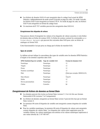51
Fichiers de données
 Les ﬁchiers de données SAS 6-8 sont enregistrés dans le codage local actuel de SPSS
Statistics, indépendamment du mode actuel (Unicode ou page de code). En mode Unicode,
les ﬁchiers SAS 9 sont enregistrés au format UTF-8. En mode de page de code, les ﬁchiers
SAS 9 sont enregistrés au format du codage local.
 Un maximum de32 767 variables peuvent être enregistrées dans SAS 6-8.
Enregistrement des étiquettes de valeurs
Vous pouvez choisir d’enregistrer les valeurs et les étiquettes de valeurs associées à votre ﬁchier
de données dans un ﬁchier de syntaxe SAS. Ce ﬁchier de syntaxe contient les commandes proc
format et proc datasets qui peuvent être exécutées dans SAS pour créer un ﬁchier de
catalogue au format SAS.
Cette fonctionnalité n’est pas prise en charge par le ﬁchier de transfert SAS.
Types de variable
Le tableau suivant indique la concordance des types de variable entre les données SPSS Statistics
d’origine et les données exportées dans SAS.
SPSS StatisticsType de variable Type de variable SAS Format de données SAS
Numérique Numérique 12
Virgule Numérique 12
Points Numérique 12
Notation scientiﬁque Numérique 12
Date Numérique (Date) par exemple, MMJJAA10,
...
Date (Heure) Numérique Time18
Dollar Numérique 12
Devise personnalisée Numérique 12
Chaîne Caractère $8
Enregistrement de fichiers de données au format Stata
 Les données peuvent être écrites au format Stata versions 5– 8 et à la fois aux formats
Intercooled et SE (versions 7 et 8 uniquement).
 Les ﬁchiers de données enregistrés au format Stata version 5 peuvent être lues par un format
Stata version 4.
 Les premiers 80 octets d’étiquettes de variable sont enregistrés comme étiquettes de variable
Stata.
 Pour les variables numériques, les premiers 80 octets d’étiquettes de valeurs sont enregistrés
comme étiquettes de valeurs Stata. Les étiquettes des valeurs dont supprimées pour les
variables chaînes, les valeurs numériques non entières et les valeurs numériques supérieures à
une valeur absolue de 2 147 483 647.
 