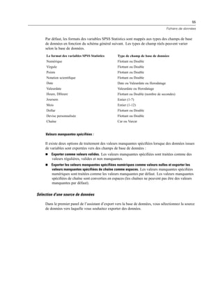55
Fichiers de données
Par défaut, les formats des variables SPSS Statistics sont mappés aux types des champs de base
de données en fonction du schéma général suivant. Les types de champ réels peuvent varier
selon la base de données.
Le format des variables SPSS Statistics Type de champ de base de données
Numérique Flottant ou Double
Virgule Flottant ou Double
Points Flottant ou Double
Notation scientiﬁque Flottant ou Double
Date Date ou Valeurdate ou Horodatage
Valeurdate Valeurdate ou Horodatage
Heure, DHeure Flottant ou Double (nombre de secondes)
Joursem Entier (1-7)
Mois Entier (1-12)
Dollar Flottant ou Double
Devise personnalisée Flottant ou Double
Chaîne Car ou Varcar
Valeurs manquantes spécifiées :
Il existe deux options de traitement des valeurs manquantes spéciﬁées lorsque des données issues
de variables sont exportées vers des champs de base de données :
 Exporter comme valeurs valides. Les valeurs manquantes spéciﬁées sont traitées comme des
valeurs régulières, valides et non manquantes.
 Exporter les valeurs manquantes spécifiées numériques comme valeurs nulles et exporter les
valeurs manquantes spécifiées de chaîne comme espaces. Les valeurs manquantes spéciﬁées
numériques sont traitées comme les valeurs manquantes par défaut. Les valeurs manquantes
spéciﬁées de chaîne sont converties en espaces (les chaînes ne peuvent pas être des valeurs
manquantes par défaut).
Sélection d’une source de données
Dans le premier panel de l’assistant d’export vers la base de données, vous sélectionnez la source
de données vers laquelle vous souhaitez exporter des données.
 