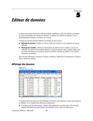 Chapitre
5
Editeur de données
L’éditeur de données fournit une méthode pratique, semblable à celle d’un tableur, permettant
de créer et de modiﬁer des ﬁchiers de données. La fenêtre de l’éditeur de données s’ouvre
automatiquement lorsque vous lancez une session.
L’éditeur de données permet d’afﬁcher les données de deux façons :
 Affichage des données. Afﬁche les valeurs réelles des données ou les étiquettes de valeurs
déﬁnies.
 Affichage des variables. Afﬁche les informations de déﬁnition des variables, à savoir les
étiquettes de valeurs et de variables déﬁnies, le type des données (par exemple, chaîne, date
ou valeur numérique), le niveau de mesure (nominale, ordinale ou échelle) et les valeurs
utilisateur manquantes.
Dans les deux afﬁchages, vous pouvez ajouter, modiﬁer et supprimer les informations contenues
dans le ﬁchier de données.
Affichage des données
Figure 5-1
Affichage des données
Un grand nombre des fonctions de l’afﬁchage des données sont similaires à celles que proposent
les tableurs. Il y a toutefois des différences importantes :
 Les lignes sont des observations. Chaque ligne représente une observation. Par exemple,
chaque répondant d’un questionnaire est considéré comme étant une observation.
© Copyright SPSS Inc. 1989, 2010 80
 