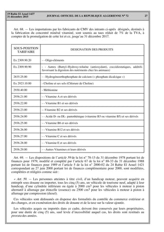 JOURNAL OFFICIEL DE LA REPUBLIQUE ALGERIENNE N° 72 27
19 Rabie El Aouel 1437
31 décembre 2015
Art. 68. — Les importations par les fabricants de CMV des intrants ci-après désignés, destinés à
la fabrication du concentré minéral vitaminé, sont soumis au taux réduit de 7% de la TVA, à
compter de la promulgation de cette loi et ce, jusqu’au 31 décembre 2017.
SOUS-POSITION
TARIFAIRE
- - Oligo-éléments
- - Autres (Buttyl–Hydroxy-toluéne (antioxydant), coccidiostatiques, additifs
favorisant la digestion des nutriments chez les animaux)
- - Hydrogénoorthophosphate de calcium (« phosphate dicalcique »)
- Choline et ses sels (Chlorure de Choline)
- Méthionine
- - Vitamine A et ses dérivés
- - Vitamine B1 et ses dérivés
- -Vitamine B2 et ses dérivés
- - Acide D- ou DL- pantothénique (vitamine B3 ou vitamine B5) et ses dérivés
- - Vitamine B6 et ses dérivés
- - Vitamine B12 et ses dérivés
- - Vitamine C et ses dérivés
- - Vitamine E et ses dérivés
- - Autres Vitamines et leurs dérivés
Ex 2309.90.20
Ex 2309.90.90
2835.25.00
Ex 2923.10.00
2930.40.00
2936.21.00
2936.22.00
2936.23.00
2936.24.00
2936.25.00
2936.26.00
2936.27.00
2936.28.00
2936.29.00
DESIGNATION DES PRODUITS
Art. 69. — Les dispositions de l’article 59 de la loi n° 78-13 du 31 décembre 1978 portant loi de
finances pour 1979, modifié et complété par l’article 67 de la loi n° 88-33 du 31 décembre 1988
portant loi de finances pour 1989 et l’article 5 de la loi n° 2000-02 du 24 Rabie El Aouel 1421
correspondant au 27 juin 2000 portant loi de finances complémentaire pour 2000, sont modifiées,
complétées et rédigées comme suit :
« Art. 59. — Les personnes atteintes à titre civil, d’un handicap moteur, peuvent acquérir en
entrepôt sous douane ou importer, tous les cinq (5) ans, un véhicule de tourisme neuf, adapté à leur
handicap, d’une cylindrée inférieure ou égale à 2000 cm3 pour les véhicules à moteur à piston
alternatif à allumage par étincelle (essence) ou 2500 cm3 pour les véhicules à moteur à piston à
allumage par compression (diesel).
Ces véhicules sont dédouanés en dispense des formalités du contrôle du commerce extérieur et
des changes, et en exonération des droits de douane et de la taxe sur la valeur ajoutée.
Les véhicules acquis ou importés dans ce cadre, doivent être conservés par leurs propriétaires,
pour une durée de cinq (5) ans, sauf levée d’incessibilité auquel cas, les droits sont restitués au
prorata des années.
 