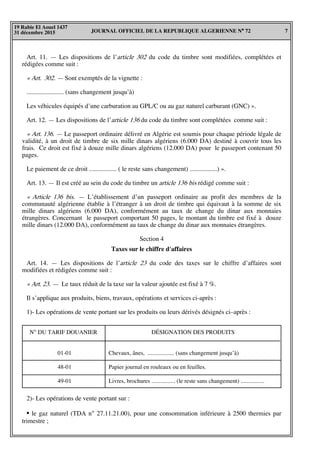 JOURNAL OFFICIEL DE LA REPUBLIQUE ALGERIENNE N° 72 7
19 Rabie El Aouel 1437
31 décembre 2015
Art. 11. — Les dispositions de l’article 302 du code du timbre sont modifiées, complétées et
rédigées comme suit :
« Art. 302. — Sont exemptés de la vignette :
....................... (sans changement jusqu’à)
Les véhicules équipés d’une carburation au GPL/C ou au gaz naturel carburant (GNC) ».
Art. 12. — Les dispositions de l’article 136 du code du timbre sont complétées comme suit :
« Art. 136. — Le passeport ordinaire délivré en Algérie est soumis pour chaque période légale de
validité, à un droit de timbre de six mille dinars algériens (6.000 DA) destiné à couvrir tous les
frais. Ce droit est fixé à douze mille dinars algériens (12.000 DA) pour le passeport contenant 50
pages.
Le paiement de ce droit ................. ( le reste sans changement) .................) ».
Art. 13. — Il est créé au sein du code du timbre un article 136 bis rédigé comme suit :
« Article 136 bis. — L’établissement d’un passeport ordinaire au profit des membres de la
communauté algérienne établie à l’étranger à un droit de timbre qui équivaut à la somme de six
mille dinars algériens (6.000 DA), conformément au taux de change du dinar aux monnaies
étrangères. Concernant le passeport comportant 50 pages, le montant du timbre est fixé à douze
mille dinars (12.000 DA), conformément au taux de change du dinar aux monnaies étrangères.
Section 4
Taxes sur le chiffre d'affaires
Art. 14. — Les dispositions de l’article 23 du code des taxes sur le chiffre d’affaires sont
modifiées et rédigées comme suit :
« Art. 23. — Le taux réduit de la taxe sur la valeur ajoutée est fixé à 7 %.
Il s’applique aux produits, biens, travaux, opérations et services ci-après :
1)- Les opérations de vente portant sur les produits ou leurs dérivés désignés ci–après :
N° DU TARIF DOUANIER DÉSIGNATION DES PRODUITS
Chevaux, ânes, .................. (sans changement jusqu’à)
Papier journal en rouleaux ou en feuilles.
Livres, brochures ................ (le reste sans changement) ................
01-01
48-01
49-01
2)- Les opérations de vente portant sur :
• le gaz naturel (TDA n° 27.11.21.00), pour une consommation inférieure à 2500 thermies par
trimestre ;
 