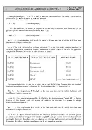 JOURNAL OFFICIEL DE LA REPUBLIQUE ALGERIENNE N° 728
19 Rabie El Aouel 1437
31 décembre 2015
• l’énergie électrique (TDA n° 27.16.00.00), pour une consommation d’électricité à basse tension
inférieure à 250 Kilowatt-heure (KWH) par trimestre ;
( 3 à 16)- ..................... (sans changement) .........................
17)- Le fuel-oil lourd, le butane, le propane et leur mélange consommé sous forme de gaz de
pétrole liquéfié, notamment comme carburant (GPL- C) ;
(18) à 28)- ..................... (sans changement) ..................... ».
Art. 15. — Les dispositions de l’article 28 bis du code des taxes sur le chiffre d’affaires sont
modifiées et rédigées comme suit :
« Art. 28 bis. — Il est institué au profit du budget de l’Etat, une taxe sur les produits pétroliers ou
assimilés, importés ou obtenus en Algérie, notamment en usine exercée. Cette taxe est appliquée
aux produits énumérés ci-dessous et selon les tarifs ci-après :
N° DU TARIF DOUANIER MONTANT (DA/HL)
600,00
500,00
600,00
100,00
......... (sans changement) .........
Ex.27.10
Ex.27.10
Ex.27.10
Ex.27.10
Ex.27.11
DESIGNATION DES PRODUITS
Essence super
Essence normal
Essence sans plomb
Gas-oil
GPL/C
Une augmentation sera prévue par la suite, par le biais de la loi de finances, avec un montant
minimum annuellement et ce, en fonction des situations financières et économiques ».
Art. 16. — Les dispositions de l’article 43 du code des taxes sur le chiffre d’affaires sont
modifiées et rédigées comme suit :
« Art. 43. — Les redevables susceptibles de bénéficier des dispositions de l’article 42-1 et 2 et de
l’article 42 bis doivent avoir été agréés par décision du directeur des impôts de wilaya
territorialement compétent ».
Art. 17. — Les dispositions de l’article 76 du code des taxes sur le chiffre d’affaires sont
modifiées et rédigées comme suit :
« Art. 76. – 1) – Toute personne effectuant des opérations passibles de la taxe sur la valeur ajoutée
est tenue de remettre ou faire parvenir, dans les vingt (20) jours qui suivent le mois civil au receveur
des impôts du ressort duquel est situé son siège ou son principal établissement, un relevé indiquant,
le montant des affaires réalisées pour l'ensemble de ses opérations taxables.
 