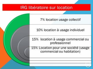 7% location usage collectif
10% location à usage individuel
15% location à usage commercial ou
professionnel
15% Location pour une société (usage
commercial ou habitation)
IRG libératoire sur location
P R É P A R É P A R E L B E S S E G H I M O U R A D 17
 