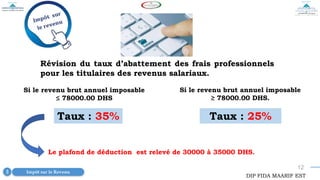 12
Révision du taux d’abattement des frais professionnels
pour les titulaires des revenus salariaux.
Le plafond de déduction est relevé de 30000 à 35000 DHS.
Si le revenu brut annuel imposable
≤ 78000.00 DHS
Taux : 35%
Si le revenu brut annuel imposable
≥ 78000.00 DHS.
Taux : 25%
Impôt sur le Revenu
3
DIP FIDA MAARIF EST
 