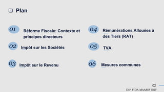 02
❑ Plan
Réforme Fiscale: Contexte et
principes directeurs
01
Impôt sur les Sociétés
02
Impôt sur le Revenu
03
Rémunérations Allouées à
des Tiers (RAT)
04
Mesures communes
06
TVA
05
DIP FIDA MAARIF EST
 