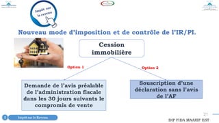 21
Nouveau mode d’imposition et de contrôle de l’IR/PI.
Cession
immobilière
Demande de l’avis préalable
de l’administration fiscale
dans les 30 jours suivants le
compromis de vente
Souscription d’une
déclaration sans l’avis
de l’AF
Option 1 Option 2
Impôt sur le Revenu
3
DIP FIDA MAARIF EST
 