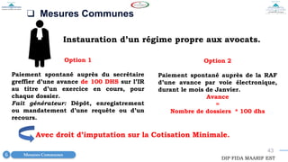 43
❑ Mesures Communes
Instauration d’un régime propre aux avocats.
Mesures Communes
6
DIP FIDA MAARIF EST
Option 1
Paiement spontané auprès du secrétaire
greffier d’une avance de 100 DHS sur l’IR
au titre d’un exercice en cours, pour
chaque dossier.
Fait générateur: Dépôt, enregistrement
ou mandatement d’une requête ou d’un
recours.
Option 2
Paiement spontané auprès de la RAF
d’une avance par voie électronique,
durant le mois de Janvier.
Avance
=
Nombre de dossiers * 100 dhs
Avec droit d’imputation sur la Cotisation Minimale.
 
