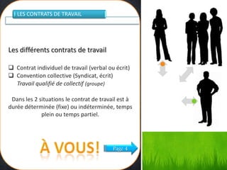 LES CONTRATS DE TRAVAIL

Les différents contrats de travail
 Contrat individuel de travail (verbal ou écrit)
 Convention collective (Syndicat, écrit)
Travail qualifié de collectif (groupe)
Dans les 2 situations le contrat de travail est à
durée déterminée (fixe) ou indéterminée, temps
plein ou temps partiel.

Page 4

 