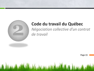 2

Code du travail du Québec
Négociation collective d’un contrat
de travail

Page 15

 