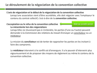 Le déroulement de la négociation de la convention collective
L'avis de négociation et le début de la négociation de la convention collective
Lorsqu'une association vient d'être accréditée, elle doit négocier avec l'employeur le
contenu du contrat collectif, c'est-à-dire de la convention collective.
Vote au scrutin secret
L’acceptation ou le refus de la convention collective
La mésentente lors des négociations
Lorsqu'elles ne réussissent pas à s'entendre, les parties (l'une ou l'autre) peuvent
demander à la Commission des relations du travail d'envoyer un conciliateur ou un
médiateur.

La mission du conciliateur est de tenter de rapprocher les parties en les incitant à
faire des compromis.
Le médiateur intervient si le conflit est d'envergure. Il a le pouvoir d'intervenir plus
vigoureusement et de proposer des moyens de règlement ou même le contenu de la
convention collective.

 