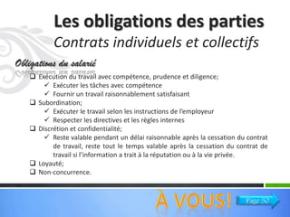 Les obligations des parties
Contrats individuels et collectifs
Obligations du salarié
 Exécution du travail avec compétence, prudence et diligence;
 Exécuter les tâches avec compétence
 Fournir un travail raisonnablement satisfaisant
 Subordination;
 Exécuter le travail selon les instructions de l’employeur
 Respecter les directives et les règles internes
 Discrétion et confidentialité;
 Reste valable pendant un délai raisonnable après la cessation du contrat
de travail, reste tout le temps valable après la cessation du contrat de
travail si l’information a trait à la réputation ou à la vie privée.
 Loyauté;
 Non-concurrence.

Page 30

 