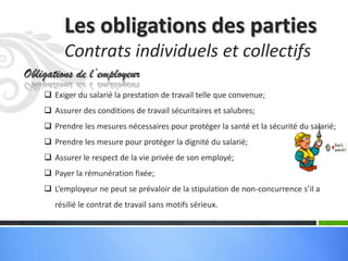 Les obligations des parties
Contrats individuels et collectifs
Obligations de l’employeur
 Exiger du salarié la prestation de travail telle que convenue;
 Assurer des conditions de travail sécuritaires et salubres;
 Prendre les mesures nécessaires pour protéger la santé et la sécurité du salarié;
 Prendre les mesure pour protéger la dignité du salarié;
 Assurer le respect de la vie privée de son employé;
 Payer la rémunération fixée;
 L’employeur ne peut se prévaloir de la stipulation de non-concurrence s’il a
résilié le contrat de travail sans motifs sérieux.

 