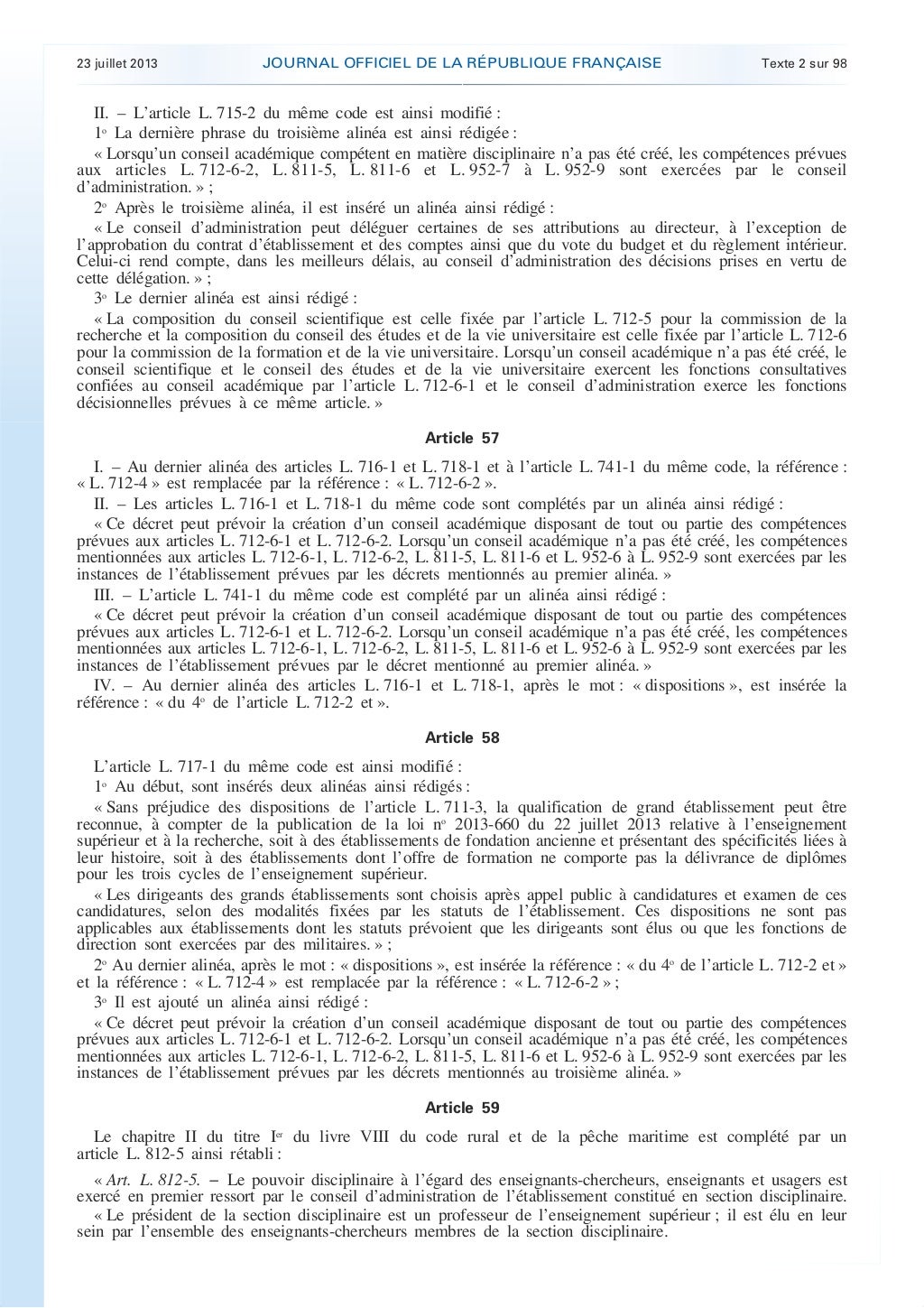 Loi Enseignement Supérieur et Recherche 23 juillet 2013