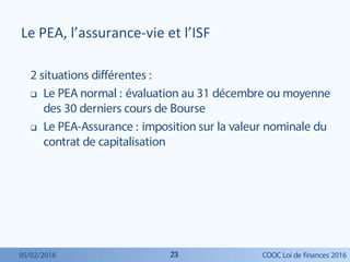 2323
2 situations différentes :
 Le PEA normal : évaluation au 31 décembre ou moyenne
des 30 derniers cours de Bourse
 L...