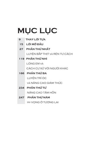 9 THAY LỜI TỰA
15 LỜI MỞ ĐẦU
27 PHẦN THỨ NHẤT
LUYỆN BẮP THỊT và RÈN TƯ CÁCH
119 PHẦN THỨ NHÌ
LÒNG EM và
CÁCH CƯ XỬ VỚI NGƯỜI KHÁC
166 PHẦN THỨ BA
LUYỆN TRÍ ÓC
và NÂNG CAO GIÁM THỨC
234 PHẦN THỨ TƯ
NÂNG CAO TÂM HỒN
247 PHẦN THỨ NĂM
Hy VỌNG Ở TƯƠNG LAI
MỤC LỤC
 