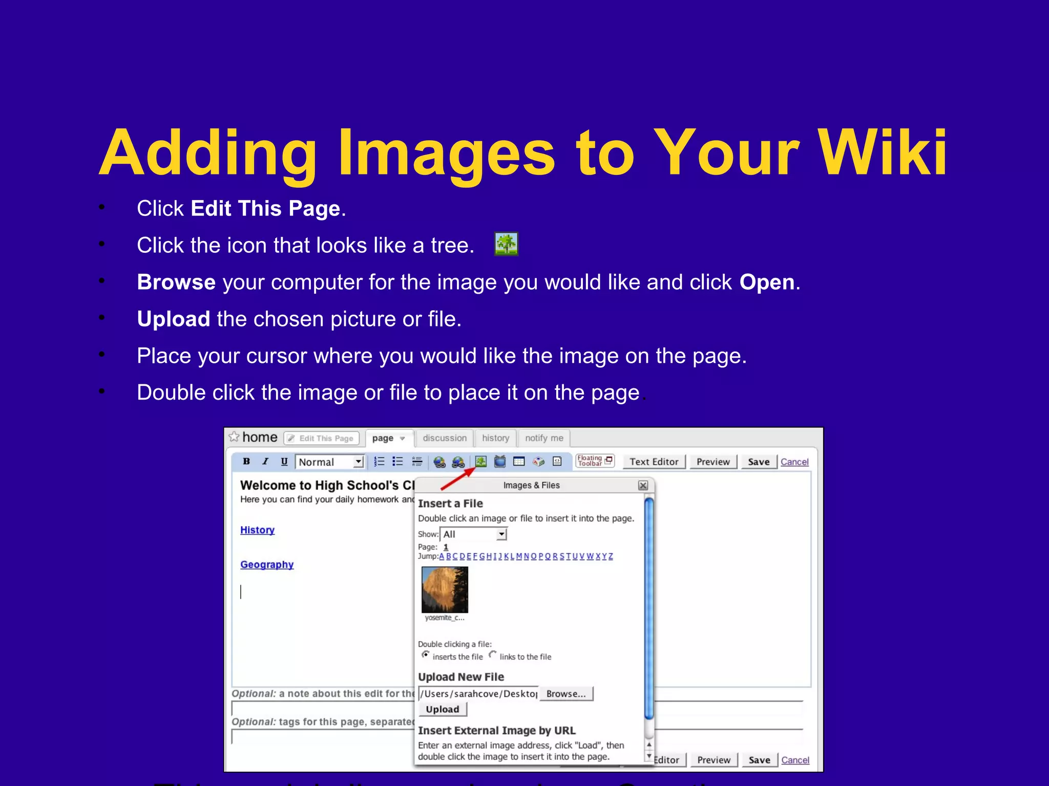 Adding Images to Your Wiki
• Click Edit This Page.
• Click the icon that looks like a tree.
• Browse your computer for the image you would like and click Open.
• Upload the chosen picture or file.
• Place your cursor where you would like the image on the page.
• Double click the image or file to place it on the page.
 