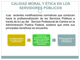 CALIDAD MORAL Y ÉTICA EN LOS
SERVIDORES PÚBLICOS
•Las recientes modificaciones normativas que conducen
hacia la profesionalización de los Servicios Públicos a
través de la Ley del Servicio Profesional de Carrera en la
Administración Publica Federal, sostiene que entre sus
principales beneficios se encuentra:
Un sistema objetivo
con reglas claras y
transparentes
Provisión de
servidores públicos
acorde a los perfiles
requeridos en el
puesto y la función a
desempeñar
Eliminar practicas el
nepotismo y el
compadrazgo.
 